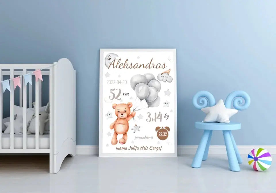Personalizuota Vaiko Gimimo Metrikų Iliustracija, plakatas su rėmeliu  Customizer -  dovanokis.lt