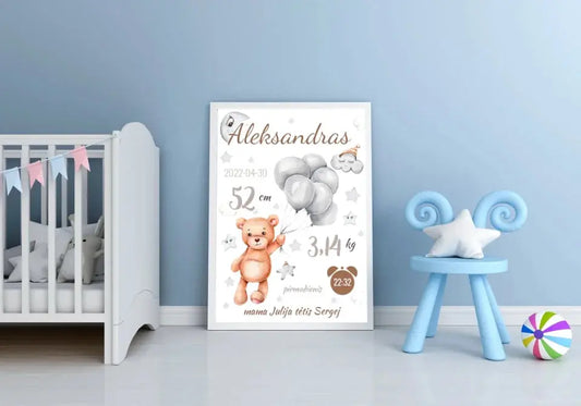 Personalizuota Vaiko Gimimo Metrikų Iliustracija, plakatas su rėmeliu  Customizer -  dovanokis.lt