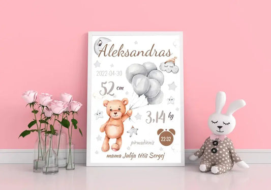 Personalizuota Vaiko Gimimo Metrikų Iliustracija, plakatas su rėmeliu  Customizer -  dovanokis.lt