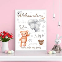 Personalizuota Vaiko Gimimo Metrikų Iliustracija, plakatas su rėmeliu  Customizer -  dovanokis.lt