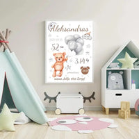 Personalizuota Vaiko Gimimo Metrikų Iliustracija, plakatas su rėmeliu  Customizer -  dovanokis.lt