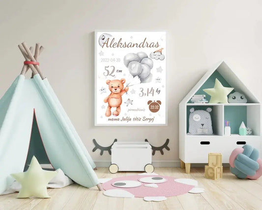 Personalizuota Vaiko Gimimo Metrikų Iliustracija, plakatas su rėmeliu  Customizer -  dovanokis.lt