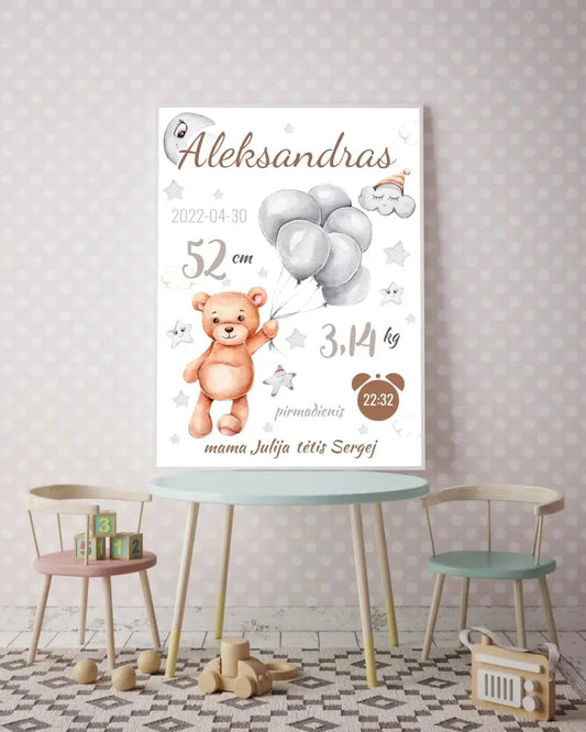 Personalizuota Vaiko Gimimo Metrikų Iliustracija, plakatas su rėmeliu  Customizer -  dovanokis.lt