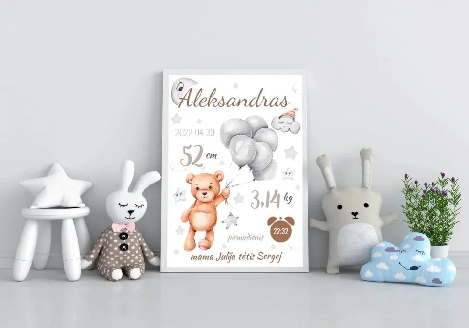 Personalizuota Vaiko Gimimo Metrikų Iliustracija, plakatas su rėmeliu  Customizer -  dovanokis.lt