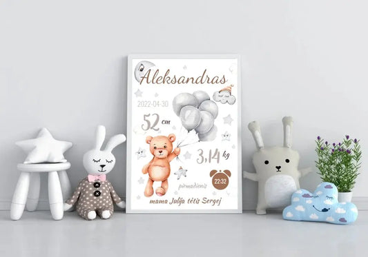 Personalizuota Vaiko Gimimo Metrikų Iliustracija, plakatas su rėmeliu  Customizer -  dovanokis.lt