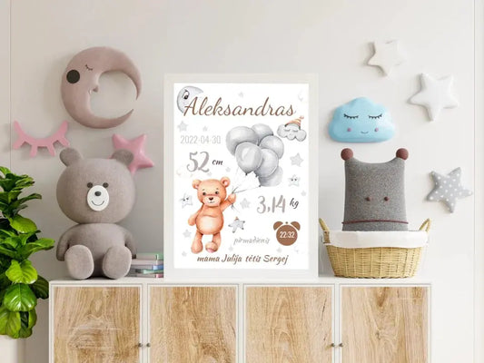 Personalizuota Vaiko Gimimo Metrikų Iliustracija, plakatas su rėmeliu  Customizer -  dovanokis.lt