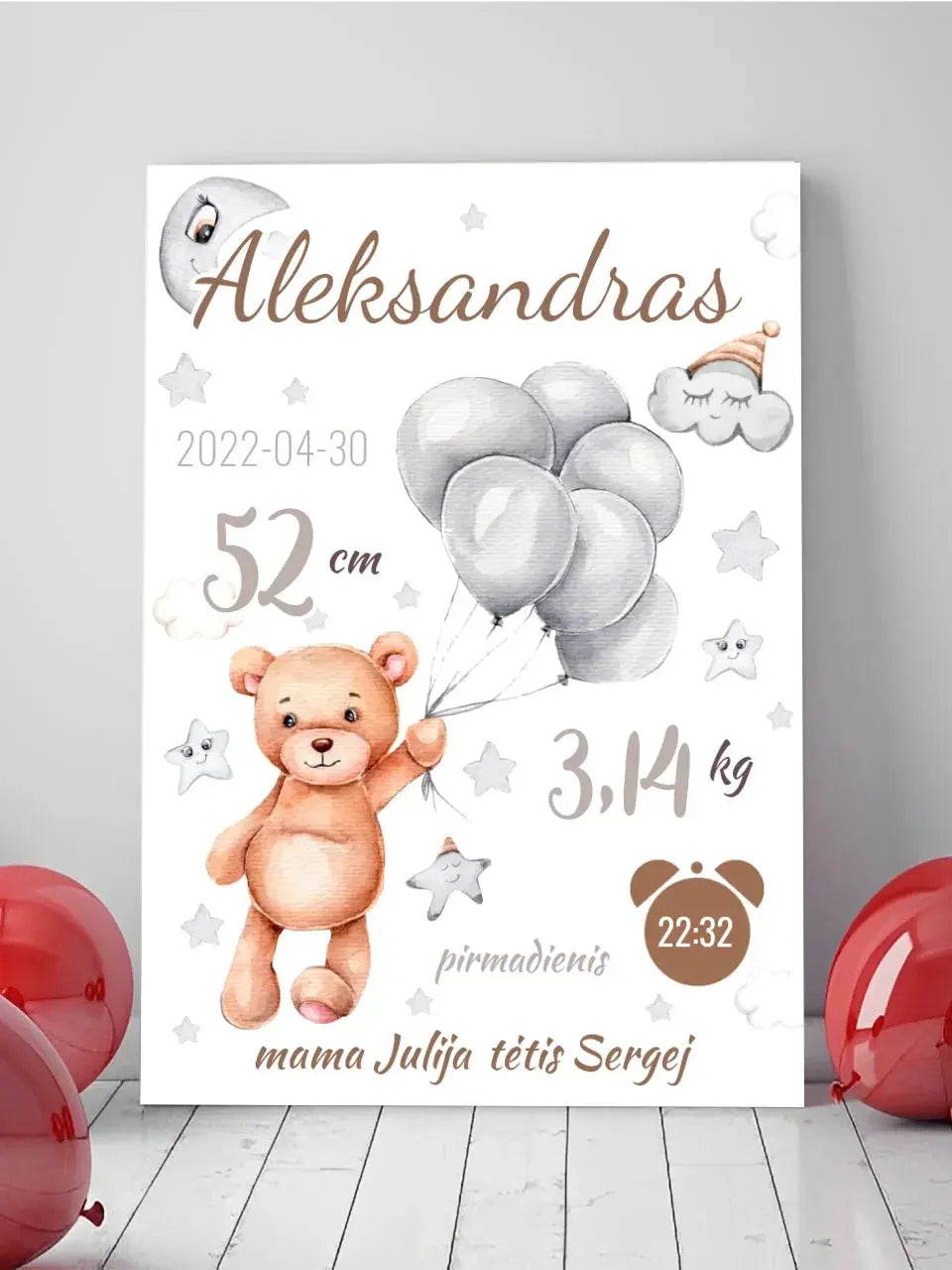 Personalizuota Vaiko Gimimo Metrikų Iliustracija ant drobės  Drobe -  dovanokis.lt