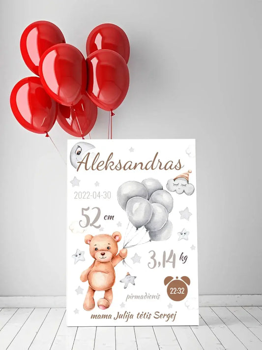 Personalizuota Vaiko Gimimo Metrikų Iliustracija ant drobės  Drobe -  dovanokis.lt