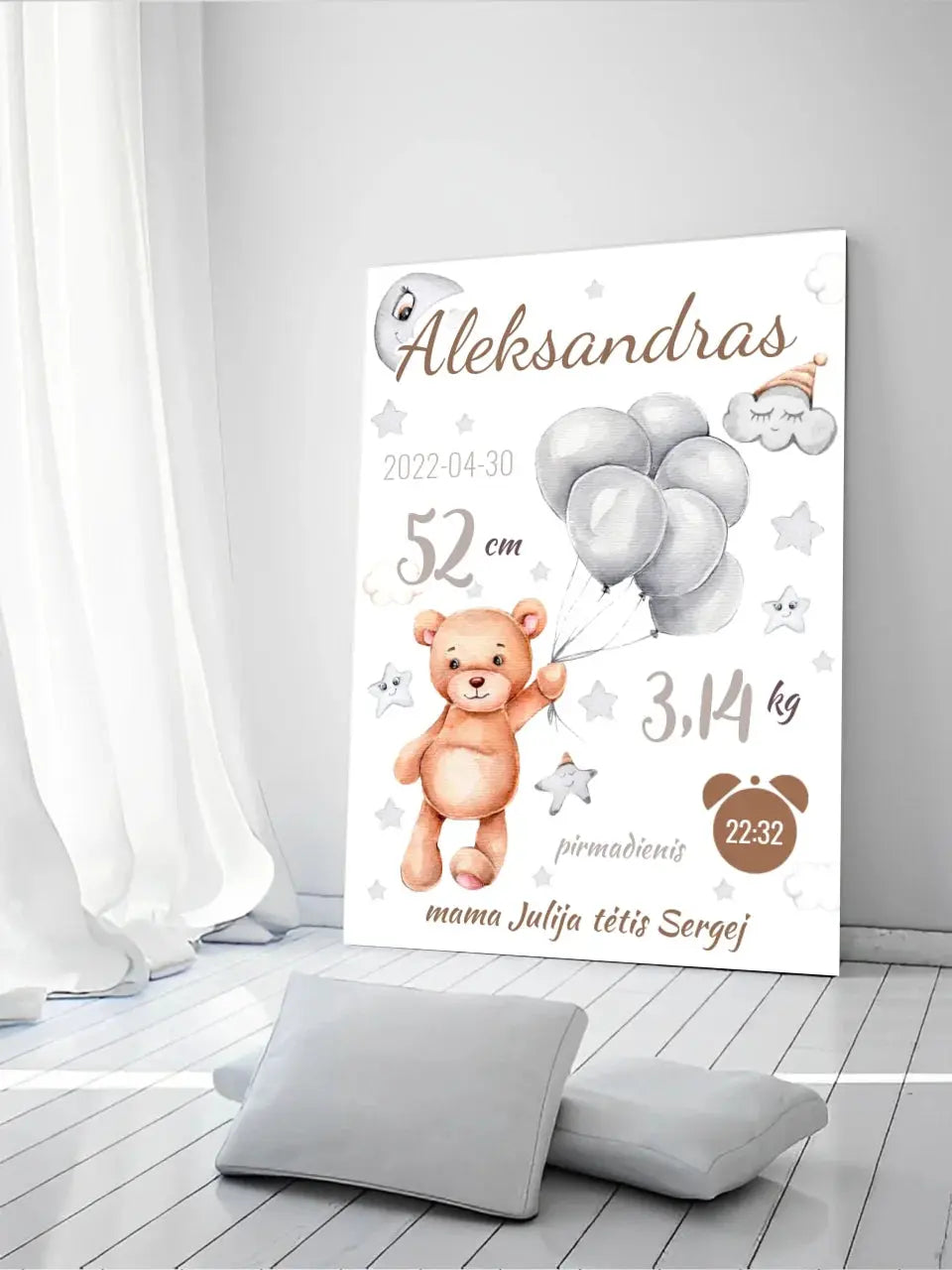 Personalizuota Vaiko Gimimo Metrikų Iliustracija ant drobės  Drobe -  dovanokis.lt