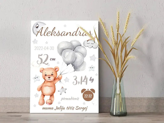 Personalizuota Vaiko Gimimo Metrikų Iliustracija ant drobės  Drobe -  dovanokis.lt