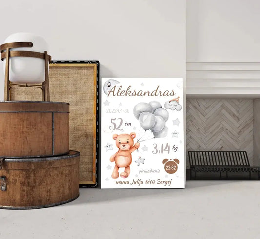 Personalizuota Vaiko Gimimo Metrikų Iliustracija ant drobės  Drobe -  dovanokis.lt