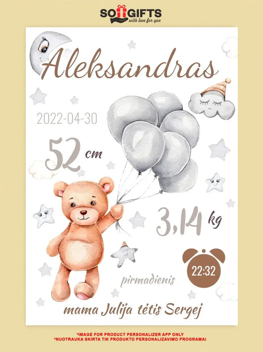 Personalizuota Vaiko Gimimo Metrikų Iliustracija ant drobės  Drobe -  dovanokis.lt