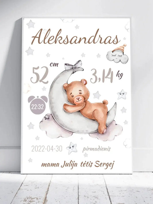 Personalizuota Vaiko Gimimo Metrikų Iliustracija, plakatas su rėmeliu  Customizer -  dovanokis.lt