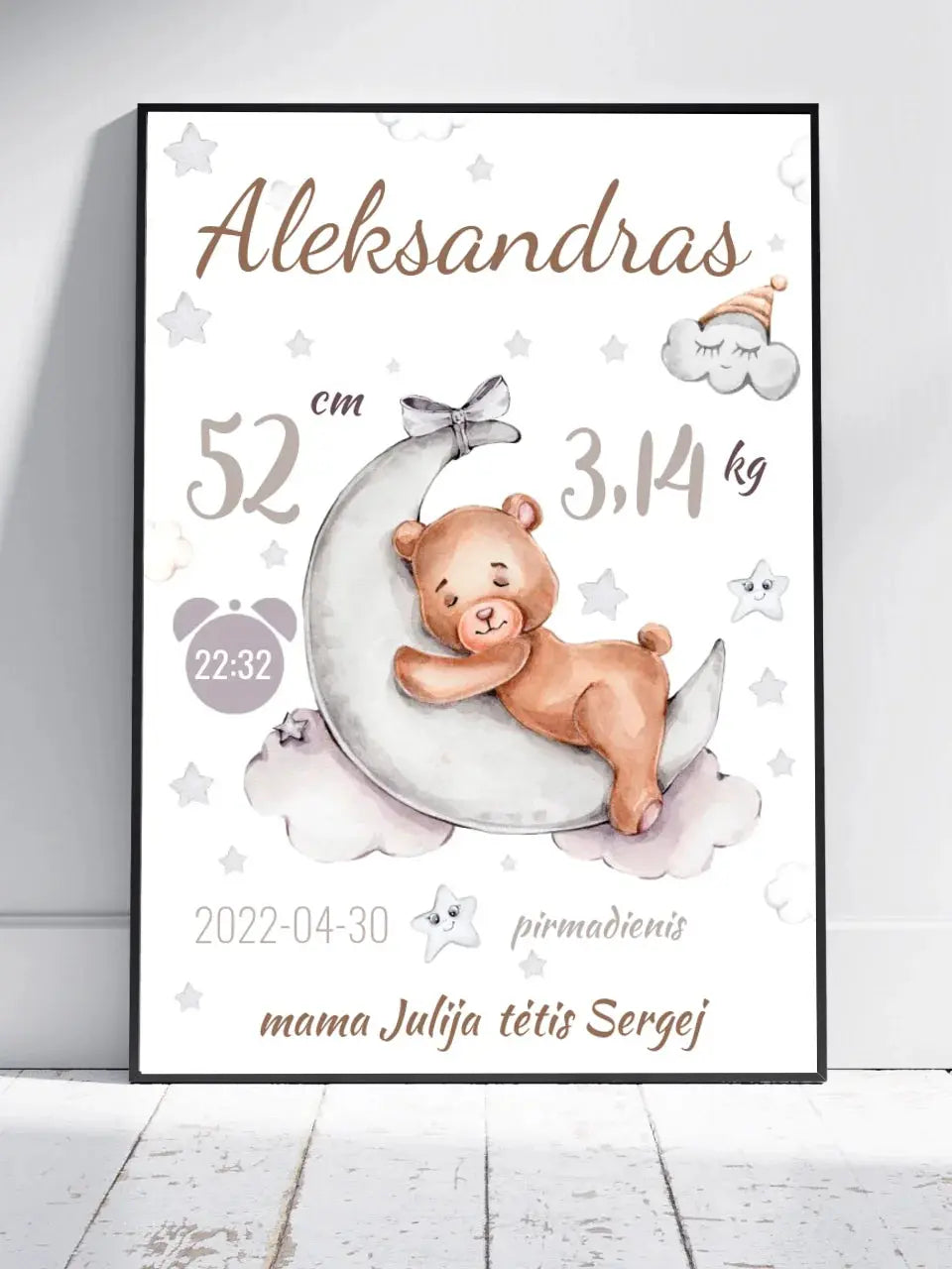 Personalizuota Vaiko Gimimo Metrikų Iliustracija, plakatas su rėmeliu  Customizer -  dovanokis.lt