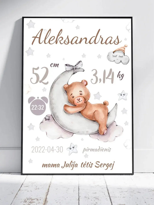 Personalizuota Vaiko Gimimo Metrikų Iliustracija, plakatas su rėmeliu  Customizer -  dovanokis.lt