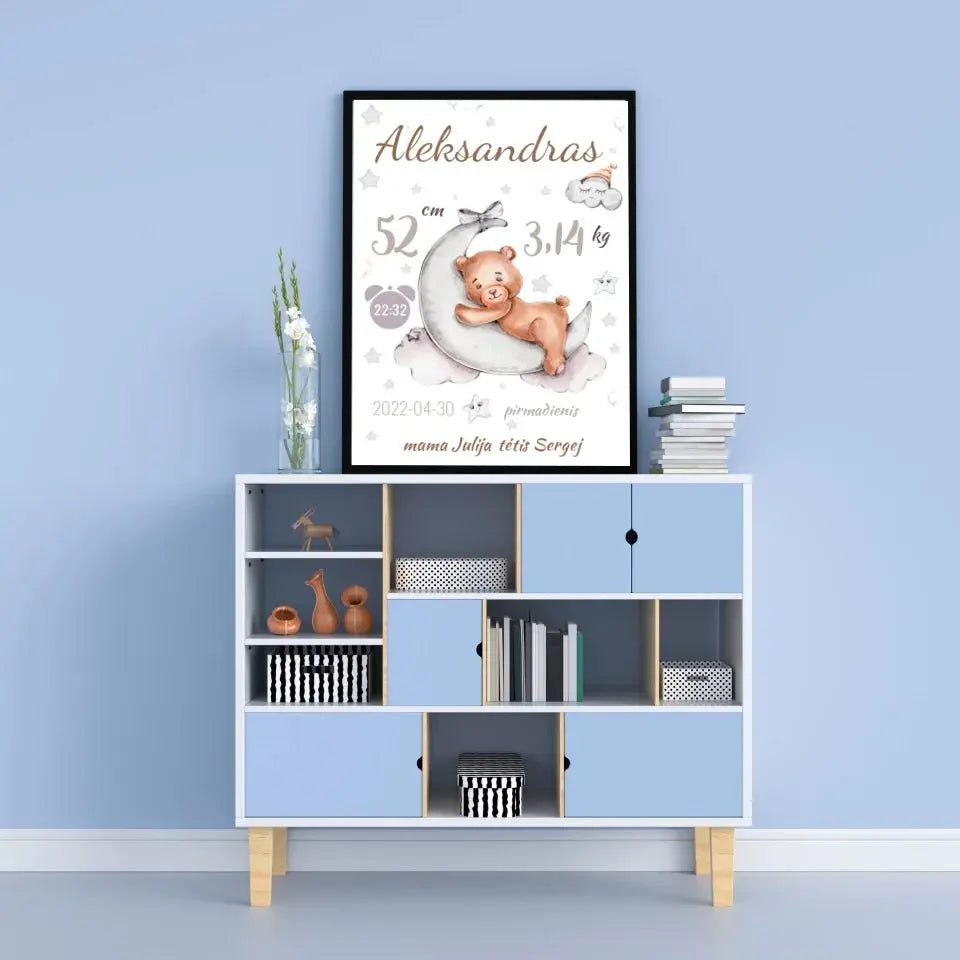 Personalizuota Vaiko Gimimo Metrikų Iliustracija, plakatas su rėmeliu  Customizer -  dovanokis.lt
