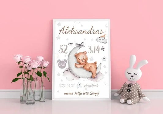 Personalizuota Vaiko Gimimo Metrikų Iliustracija, plakatas su rėmeliu  Customizer -  dovanokis.lt