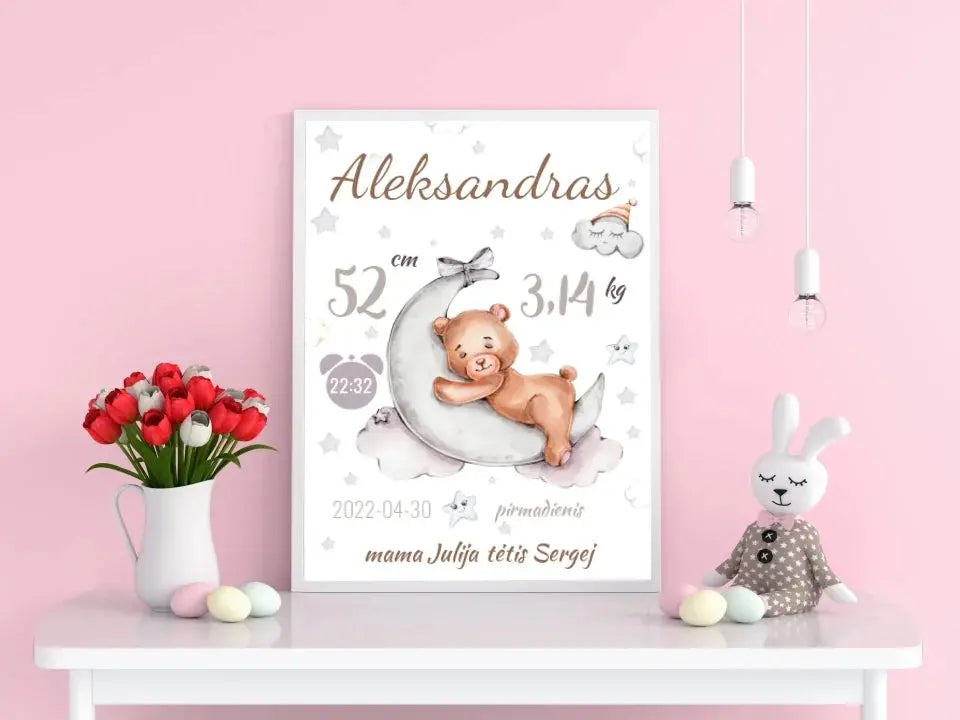 Personalizuota Vaiko Gimimo Metrikų Iliustracija, plakatas su rėmeliu  Customizer -  dovanokis.lt
