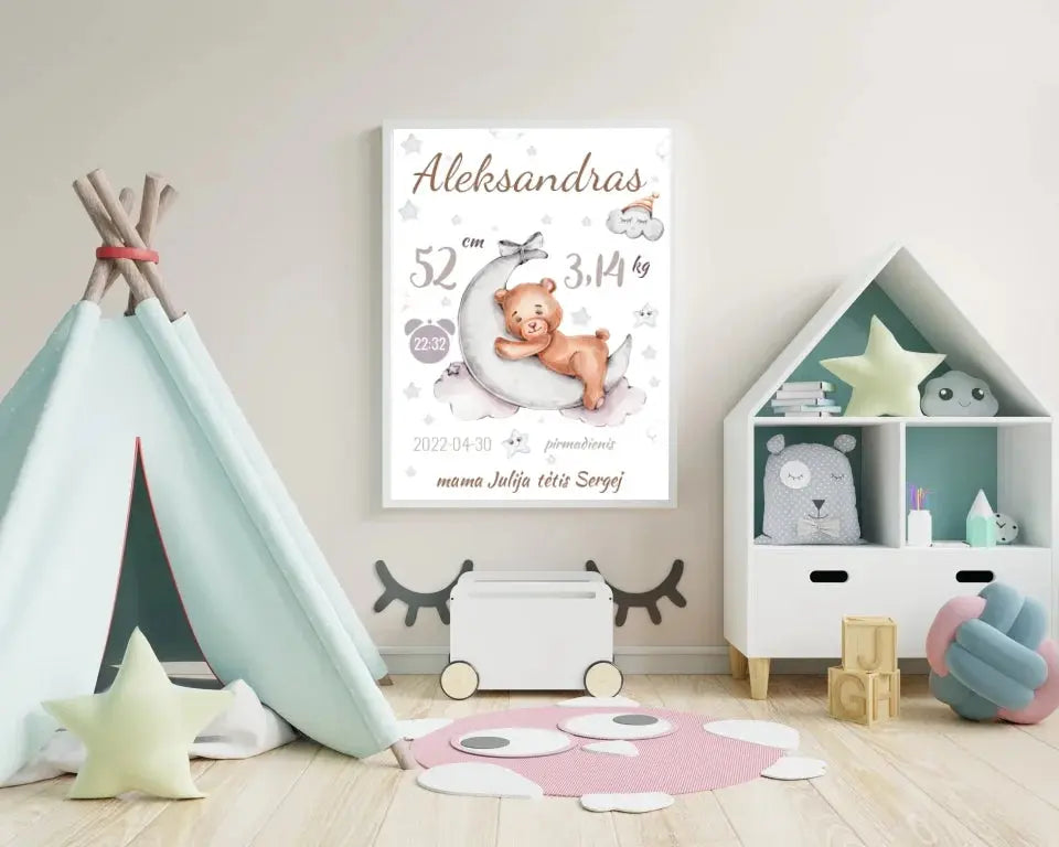 Personalizuota Vaiko Gimimo Metrikų Iliustracija, plakatas su rėmeliu  Customizer -  dovanokis.lt