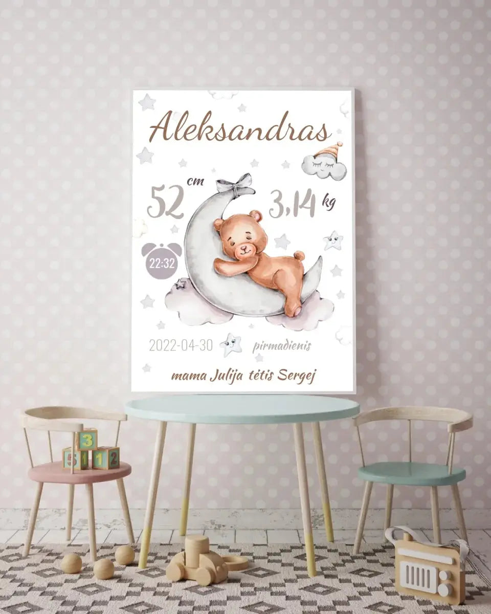 Personalizuota Vaiko Gimimo Metrikų Iliustracija, plakatas su rėmeliu  Customizer -  dovanokis.lt