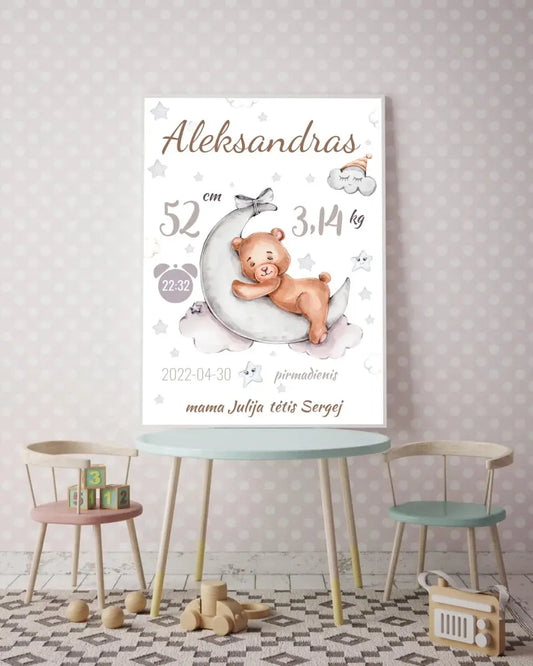 Personalizuota Vaiko Gimimo Metrikų Iliustracija, plakatas su rėmeliu  Customizer -  dovanokis.lt