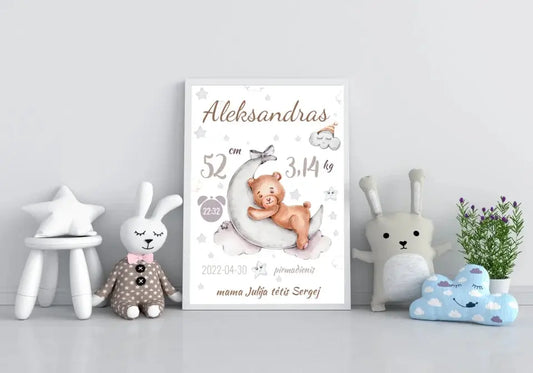 Personalizuota Vaiko Gimimo Metrikų Iliustracija, plakatas su rėmeliu  Customizer -  dovanokis.lt