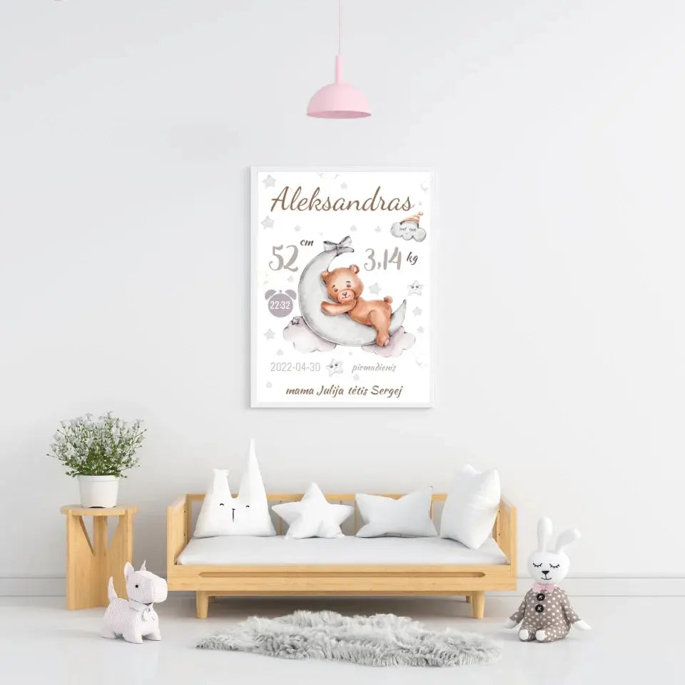Personalizuota Vaiko Gimimo Metrikų Iliustracija, plakatas su rėmeliu  Customizer -  dovanokis.lt