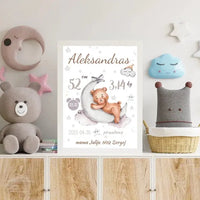 Personalizuota Vaiko Gimimo Metrikų Iliustracija, plakatas su rėmeliu  Customizer -  dovanokis.lt