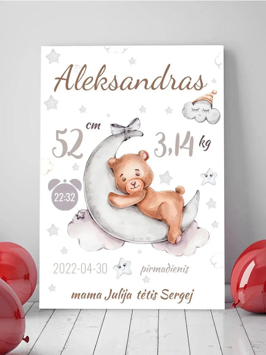 Personalizuota Vaiko Gimimo Metrikų Iliustracija ant drobės  Drobe -  dovanokis.lt