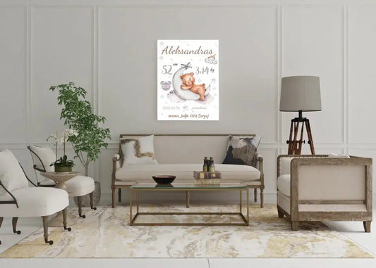 Personalizuota Vaiko Gimimo Metrikų Iliustracija ant drobės  Drobe -  dovanokis.lt