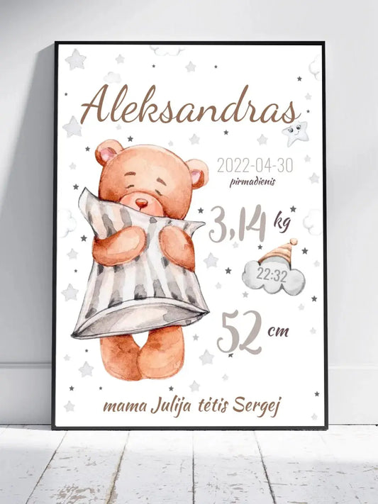 Personalizuota Vaiko Gimimo Metrikų Iliustracija, plakatas su rėmeliu  Customizer -  dovanokis.lt