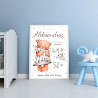 Personalizuota Vaiko Gimimo Metrikų Iliustracija, plakatas su rėmeliu  Customizer -  dovanokis.lt