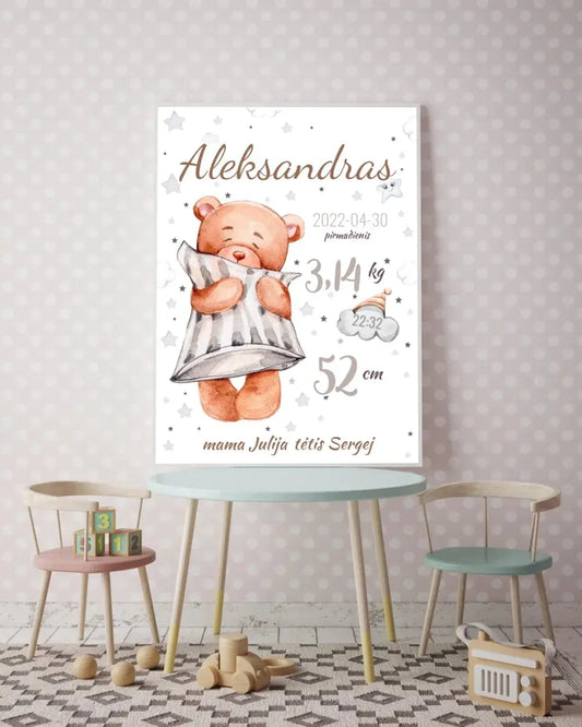 Personalizuota Vaiko Gimimo Metrikų Iliustracija, plakatas su rėmeliu  Customizer -  dovanokis.lt