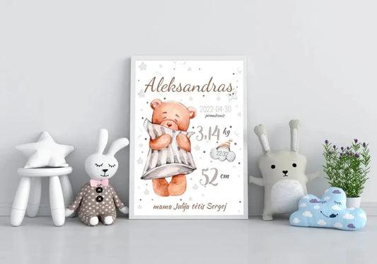 Personalizuota Vaiko Gimimo Metrikų Iliustracija, plakatas su rėmeliu  Customizer -  dovanokis.lt