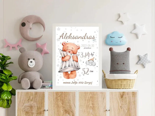 Personalizuota Vaiko Gimimo Metrikų Iliustracija, plakatas su rėmeliu  Customizer -  dovanokis.lt