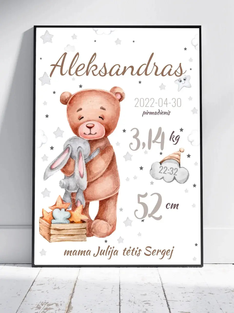 Personalizuota Vaiko Gimimo Metrikų Iliustracija, plakatas su rėmeliu  Customizer -  dovanokis.lt