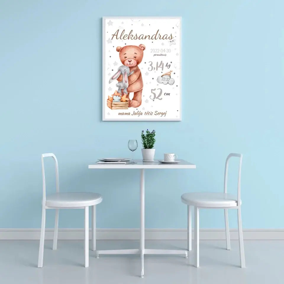 Personalizuota Vaiko Gimimo Metrikų Iliustracija, plakatas su rėmeliu  Customizer -  dovanokis.lt
