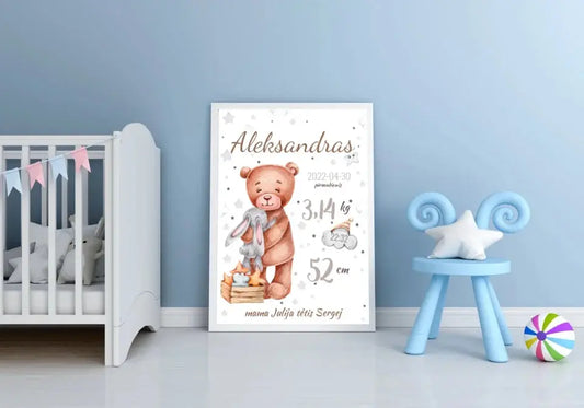 Personalizuota Vaiko Gimimo Metrikų Iliustracija, plakatas su rėmeliu  Customizer -  dovanokis.lt