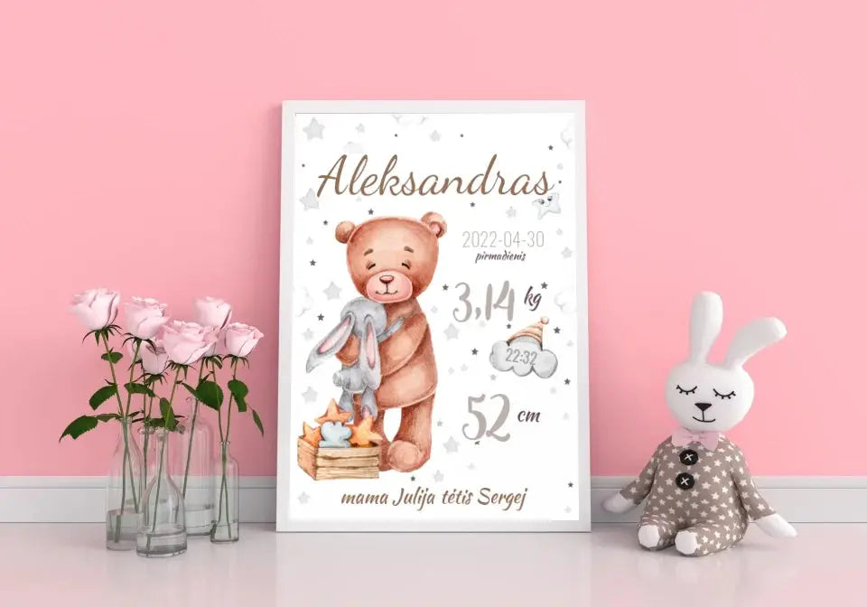 Personalizuota Vaiko Gimimo Metrikų Iliustracija, plakatas su rėmeliu  Customizer -  dovanokis.lt