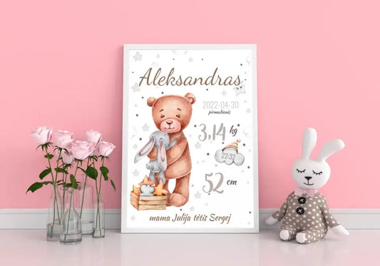 Personalizuota Vaiko Gimimo Metrikų Iliustracija, plakatas su rėmeliu  Customizer -  dovanokis.lt