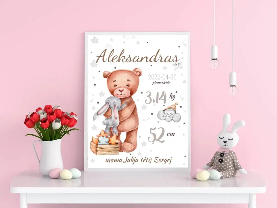 Personalizuota Vaiko Gimimo Metrikų Iliustracija, plakatas su rėmeliu  Customizer -  dovanokis.lt