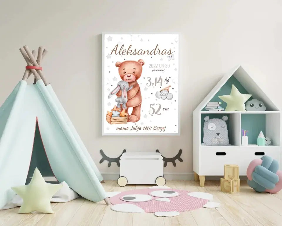 Personalizuota Vaiko Gimimo Metrikų Iliustracija, plakatas su rėmeliu  Customizer -  dovanokis.lt