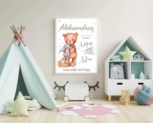 Personalizuota Vaiko Gimimo Metrikų Iliustracija, plakatas su rėmeliu  Customizer -  dovanokis.lt