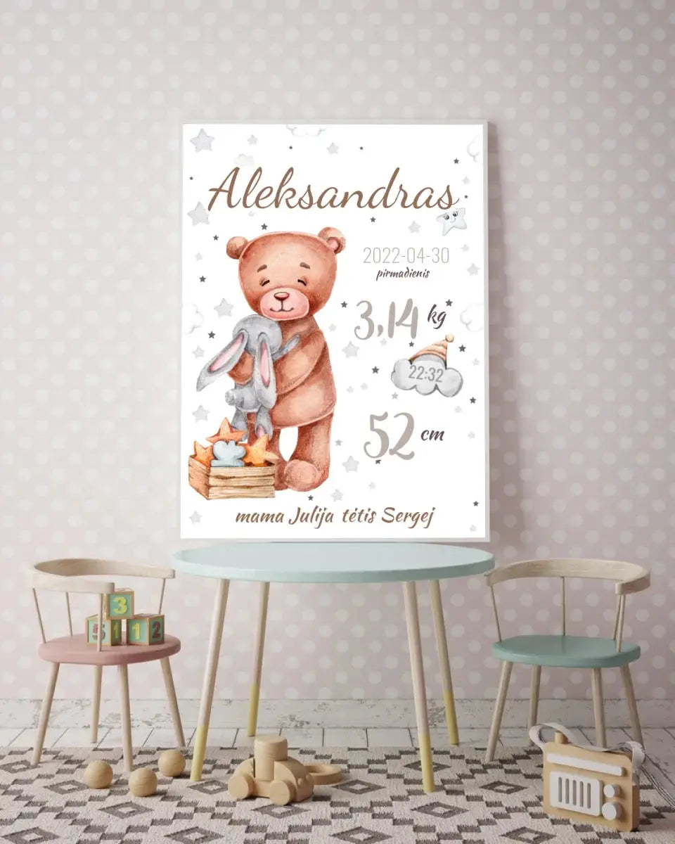 Personalizuota Vaiko Gimimo Metrikų Iliustracija, plakatas su rėmeliu  Customizer -  dovanokis.lt