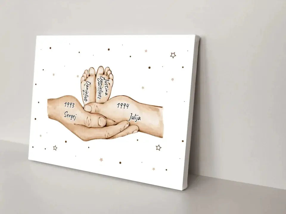 Personalizuota iliustracija ant drobės su šeimos narių rankomis, 1-3 vaikai  Drobe -  dovanokis.lt
