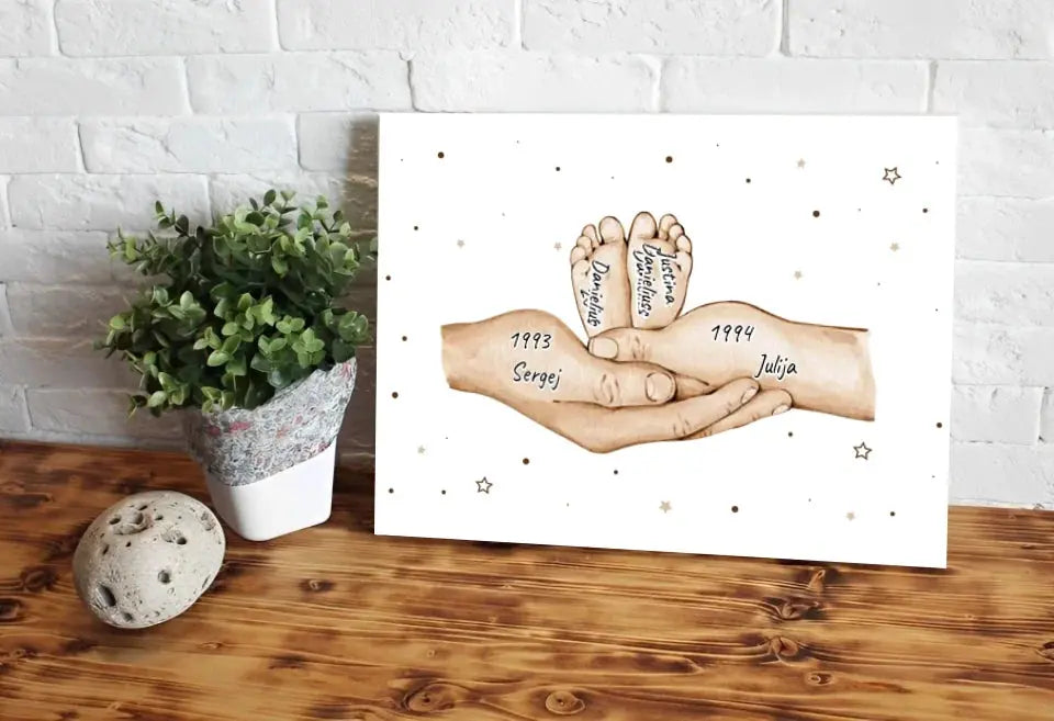 Personalizuota iliustracija ant drobės su šeimos narių rankomis, 1-3 vaikai  Drobe -  dovanokis.lt