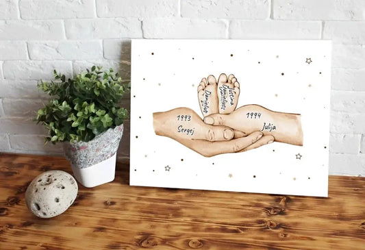 Personalizuota iliustracija ant drobės su šeimos narių rankomis, 1-3 vaikai  Drobe -  dovanokis.lt