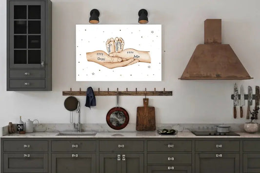 Personalizuota iliustracija ant drobės su šeimos narių rankomis, 1-3 vaikai  Drobe -  dovanokis.lt