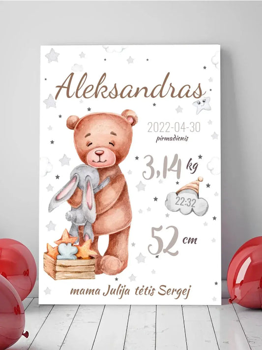 Personalizuota Vaiko Gimimo Metrikų Iliustracija ant drobės  Drobe -  dovanokis.lt