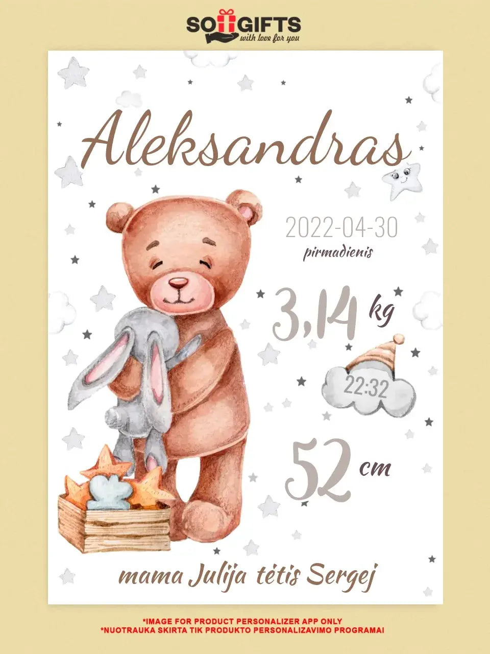 Personalizuota Vaiko Gimimo Metrikų Iliustracija ant drobės  Drobe -  dovanokis.lt